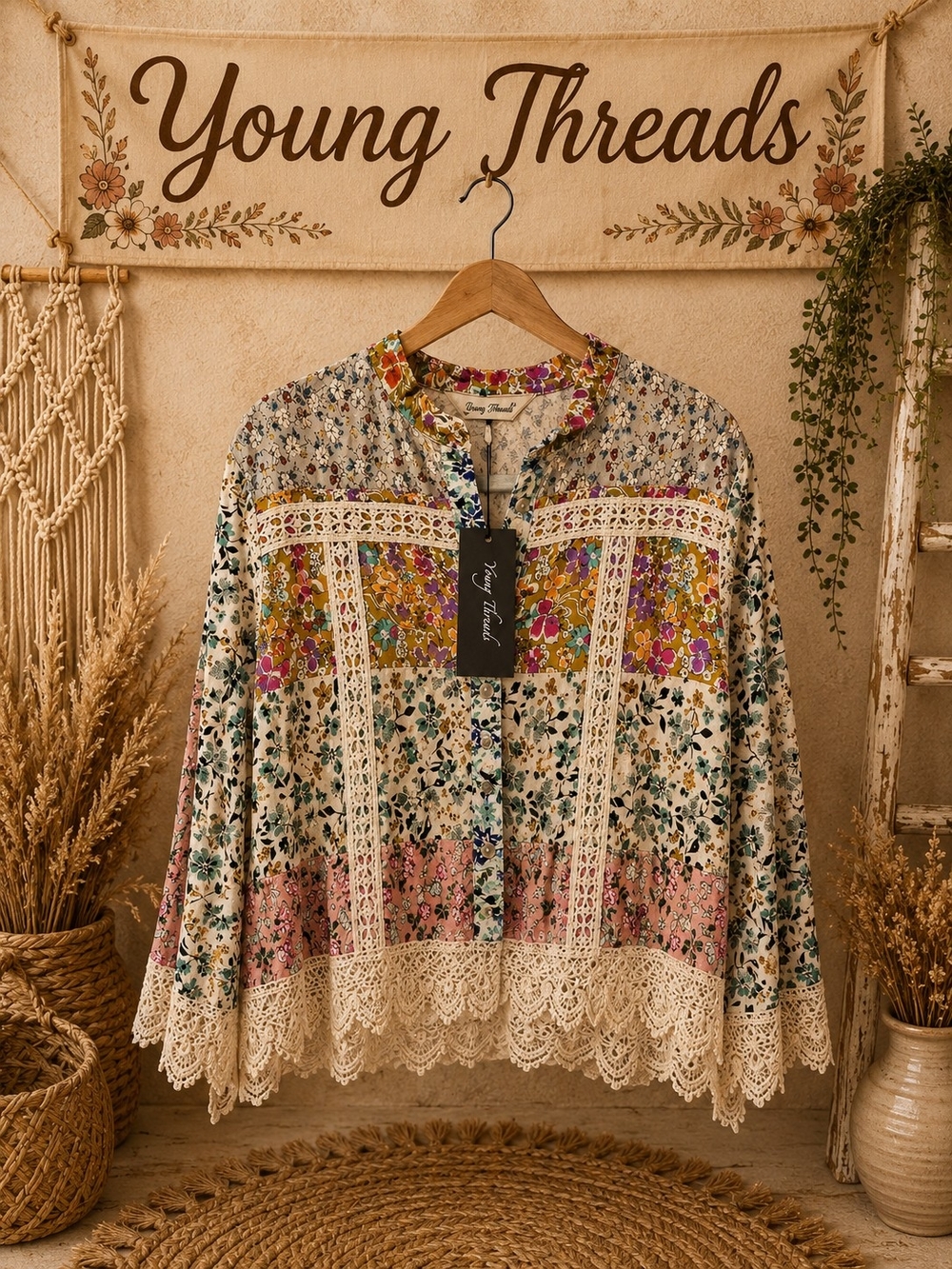 351 Young Threads Cream Floral Lace-Trim Button-Up Tunic